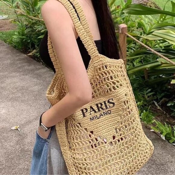 Straw Crochet Tote Bag Women Beach Woven Design Summer Fashion Spacious - Picture 3 of 6